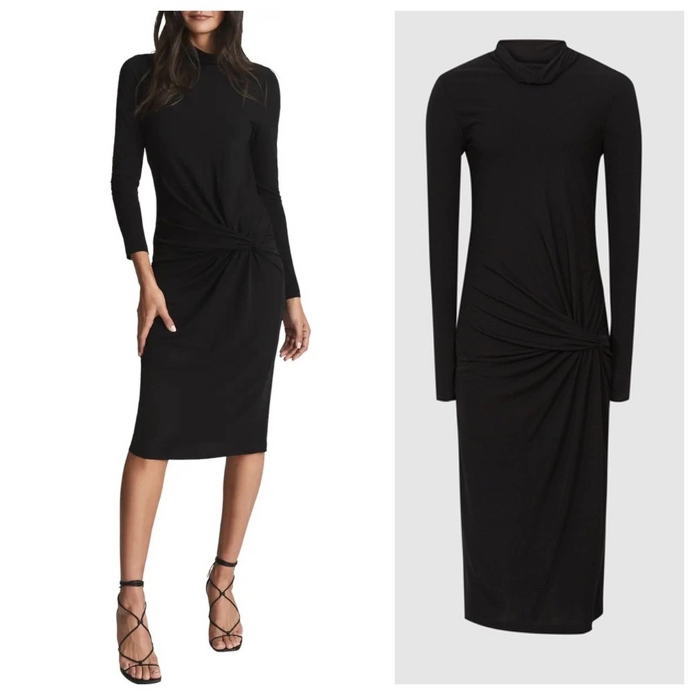 Reiss Freya Twist Front Midi Dress in Black Size 4